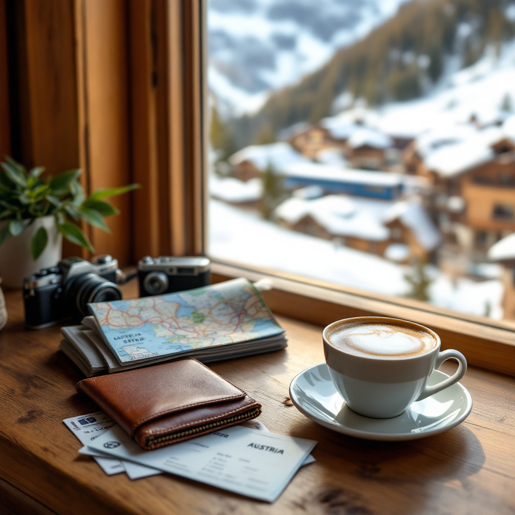 Österreich Urlaub günstig planen Tipps: Reiseutensilien mit Karte und Zugticket auf Holztisch