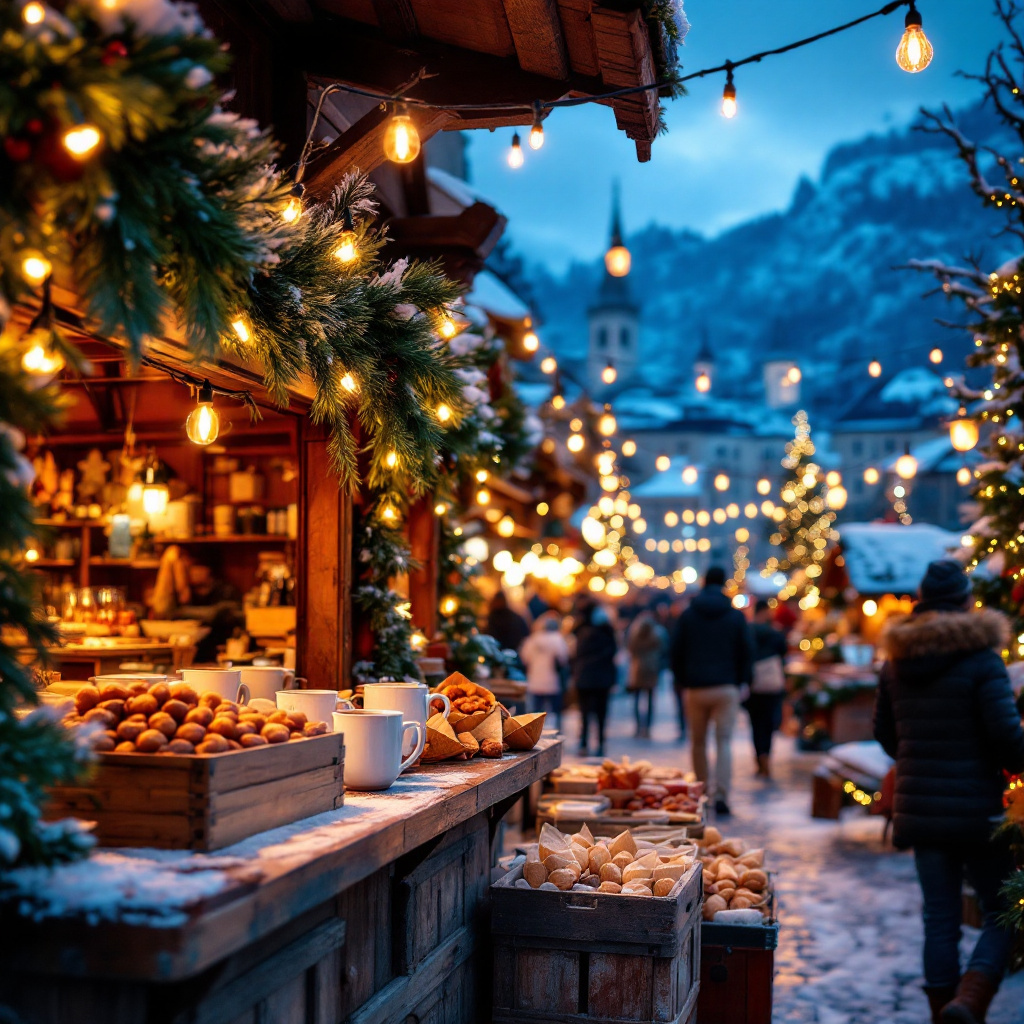 Salzburger Christkindlmarkt Öffnungszeiten Tipps: beleuchtete Marktstände am Domplatz in der Abenddämmerung