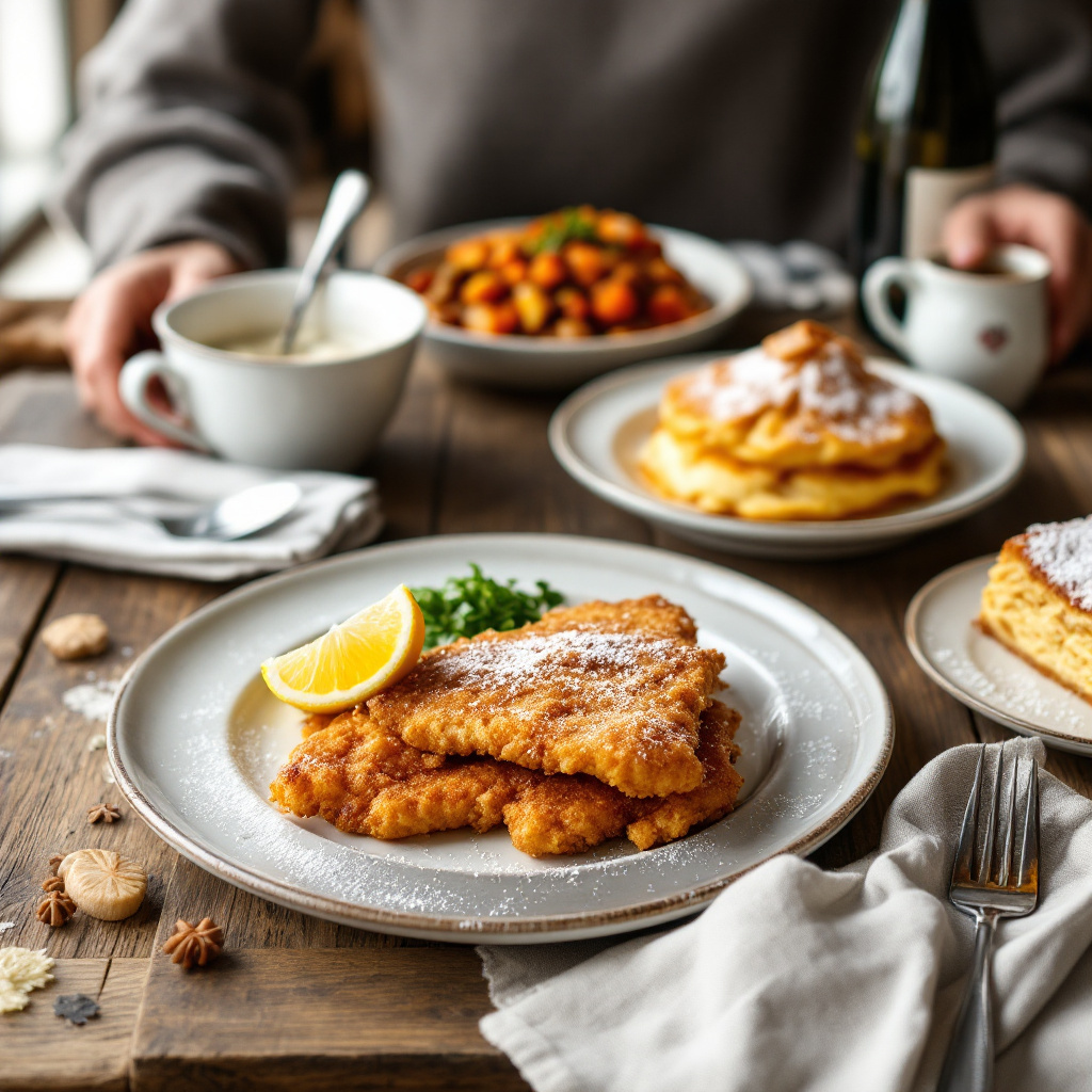 Typisch österreichische Gerichte Rezepte auf rustikalem Holztisch mit Schnitzel, Gulasch und Kaiserschmarrn
