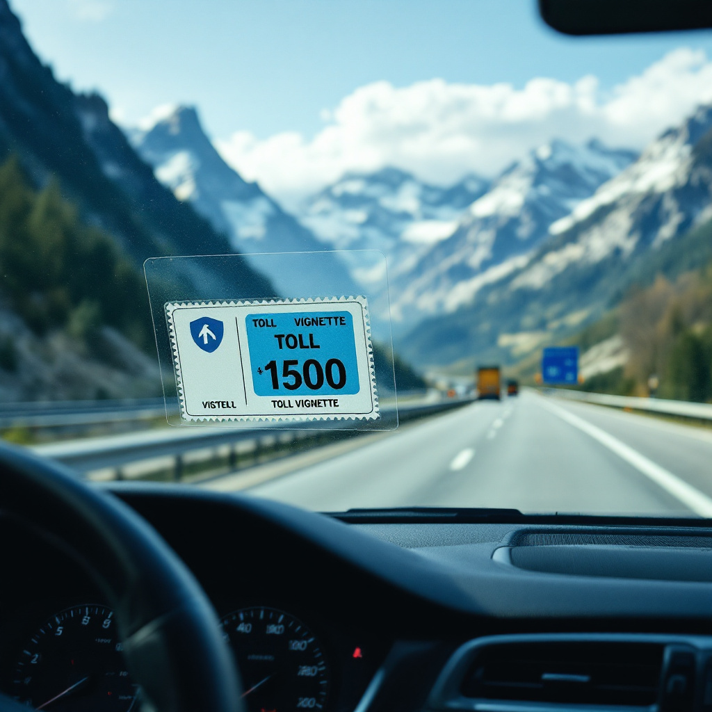 Vignette Österreich kaufen Autobahn Kosten – Mautpickerl an der Windschutzscheibe eines Autos vor Alpenkulisse