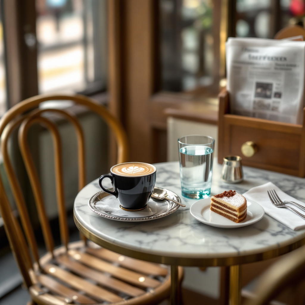 Wiener Kaffeehaus Klassiker Übersicht mit Melange, Wasserglas und Sachertorte auf Marmortisch