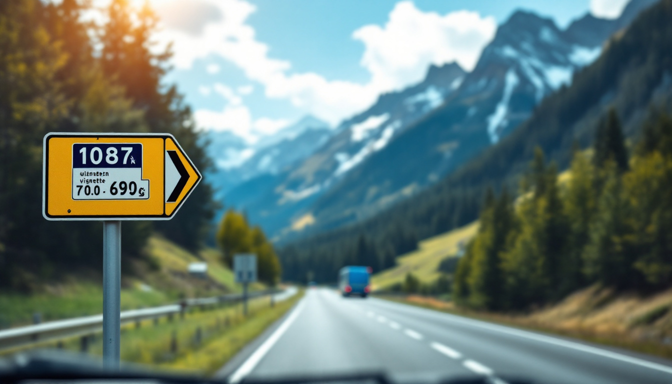 Autobahn Österreich mit blauem Autobahnschild und Vignette an der Windschutzscheibe vor Alpenkulisse