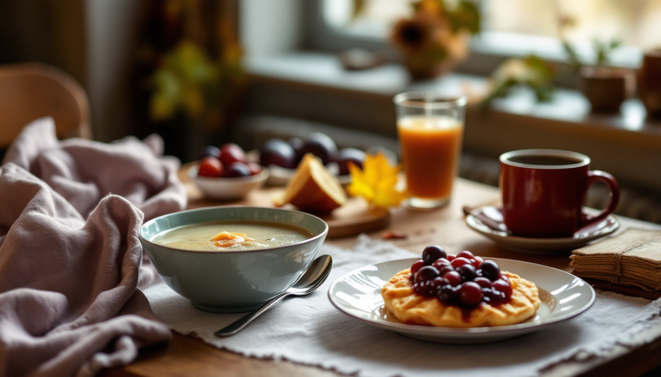 Österreichische Spezialitäten zum Essen oder trinken: Suppe, Sturm und Kaiserschmarrn auf einem Holztisch